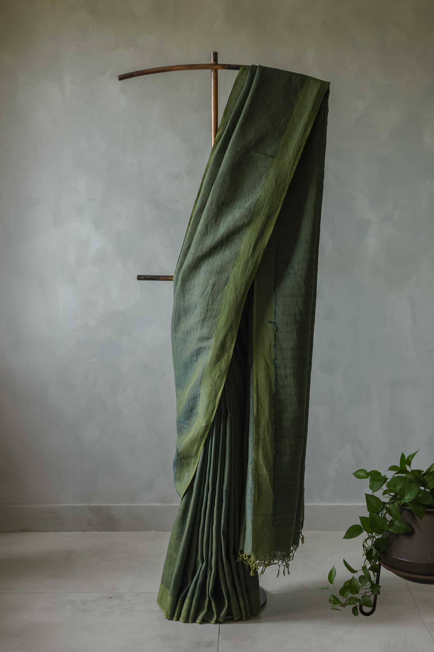 Dark Green Cotton Linen Leno Woven Saree