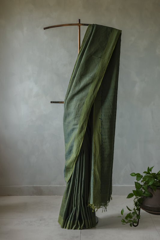 Dark Green Cotton Linen Leno Woven Saree