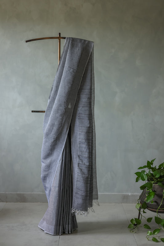 Grey Cotton Linen Leno Woven with Plain Border Saree