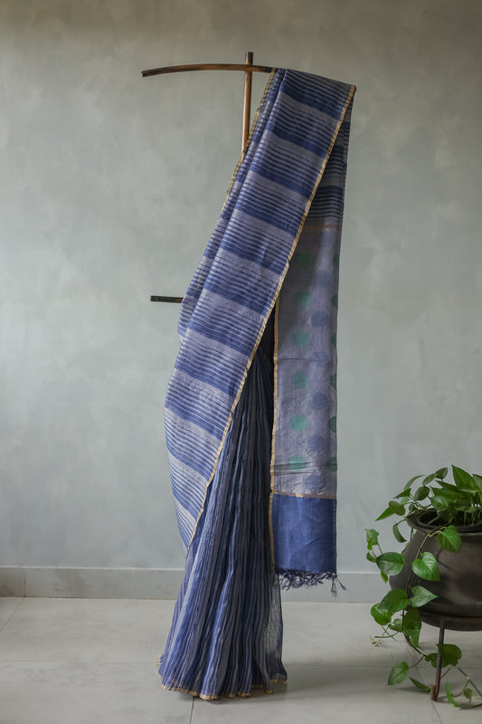 Blue Striped Tussar Linen with Thin Gold Border Saree