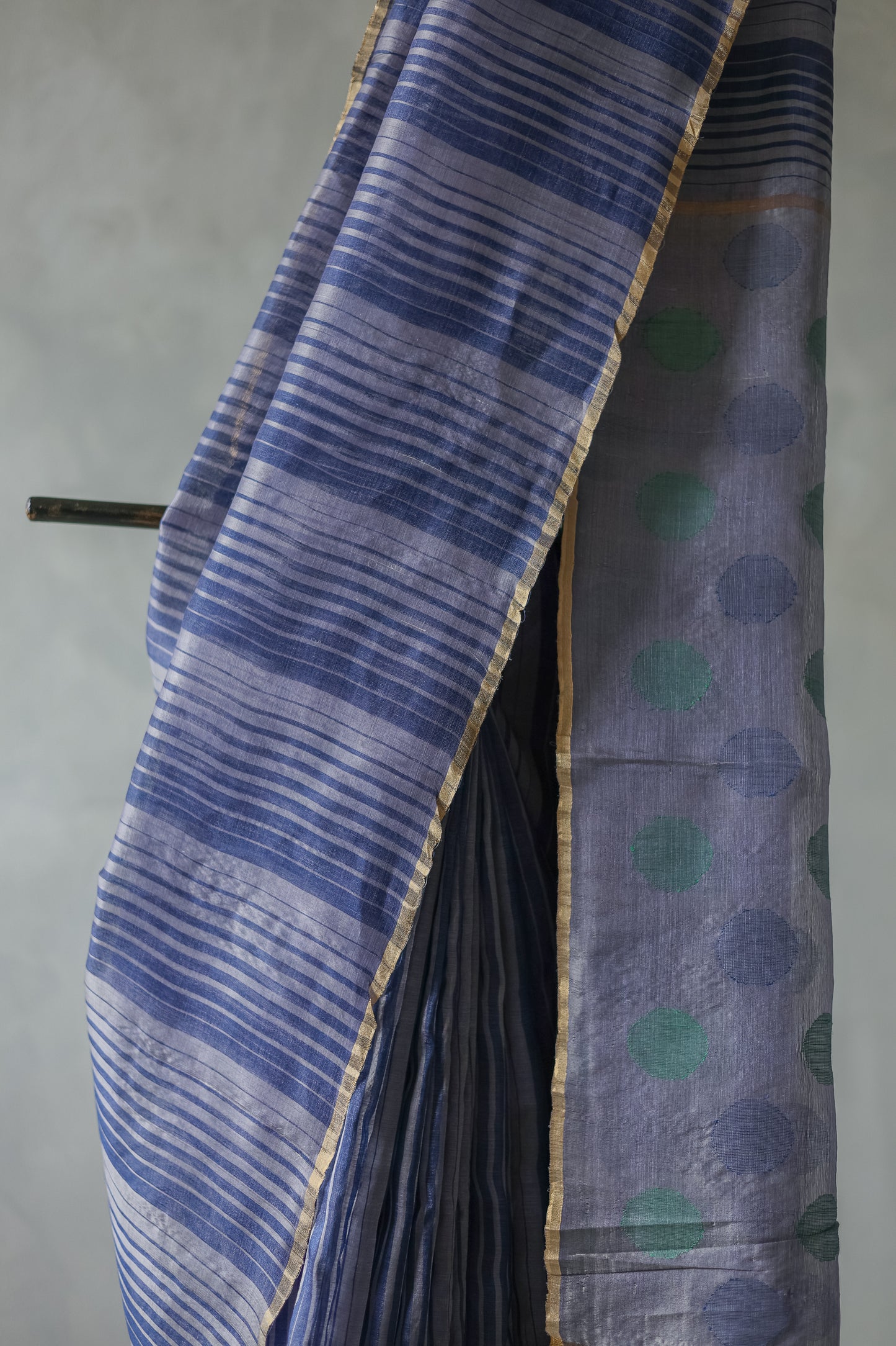Blue Striped Tussar Linen with Thin Gold Border Saree