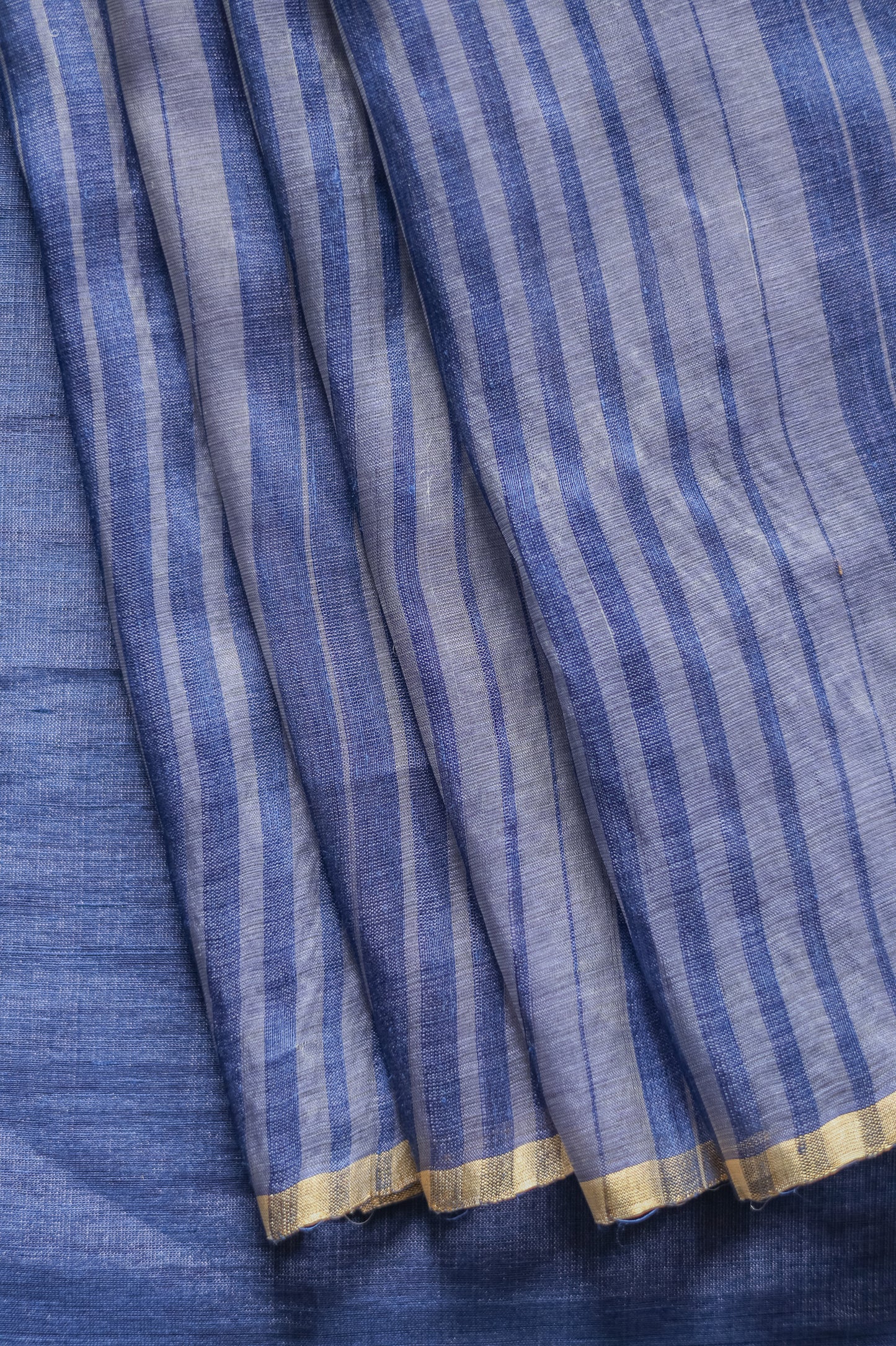Blue Striped Tussar Linen with Thin Gold Border Saree