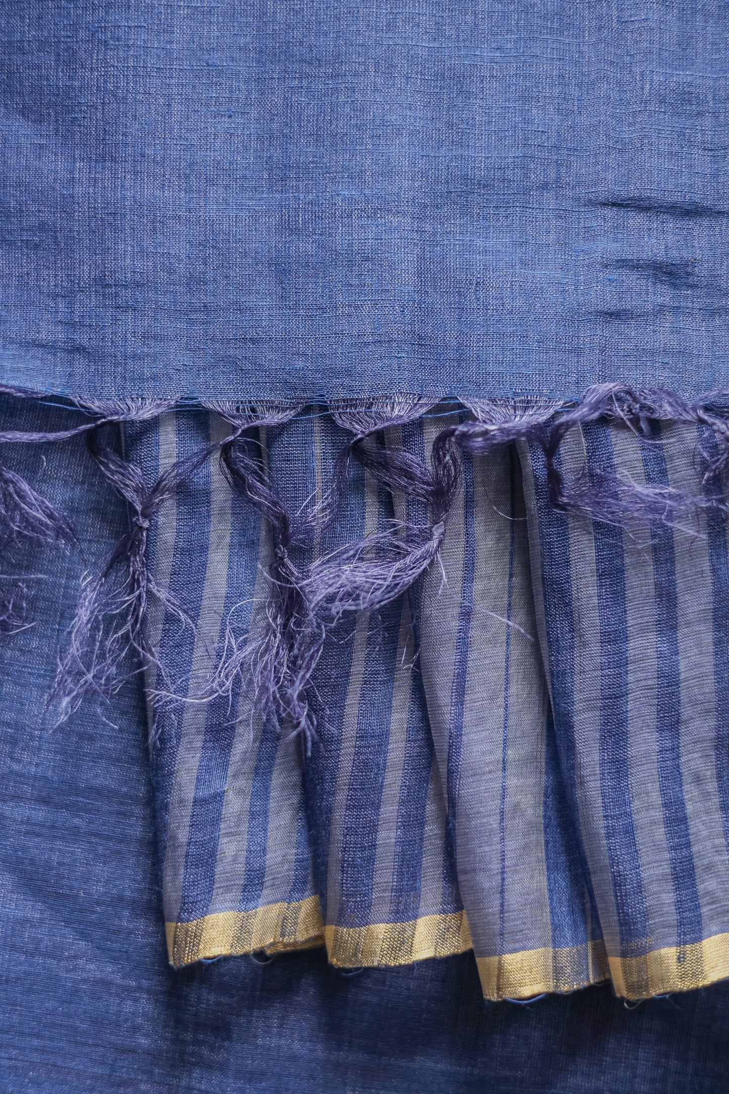 Blue Striped Tussar Linen with Thin Gold Border Saree