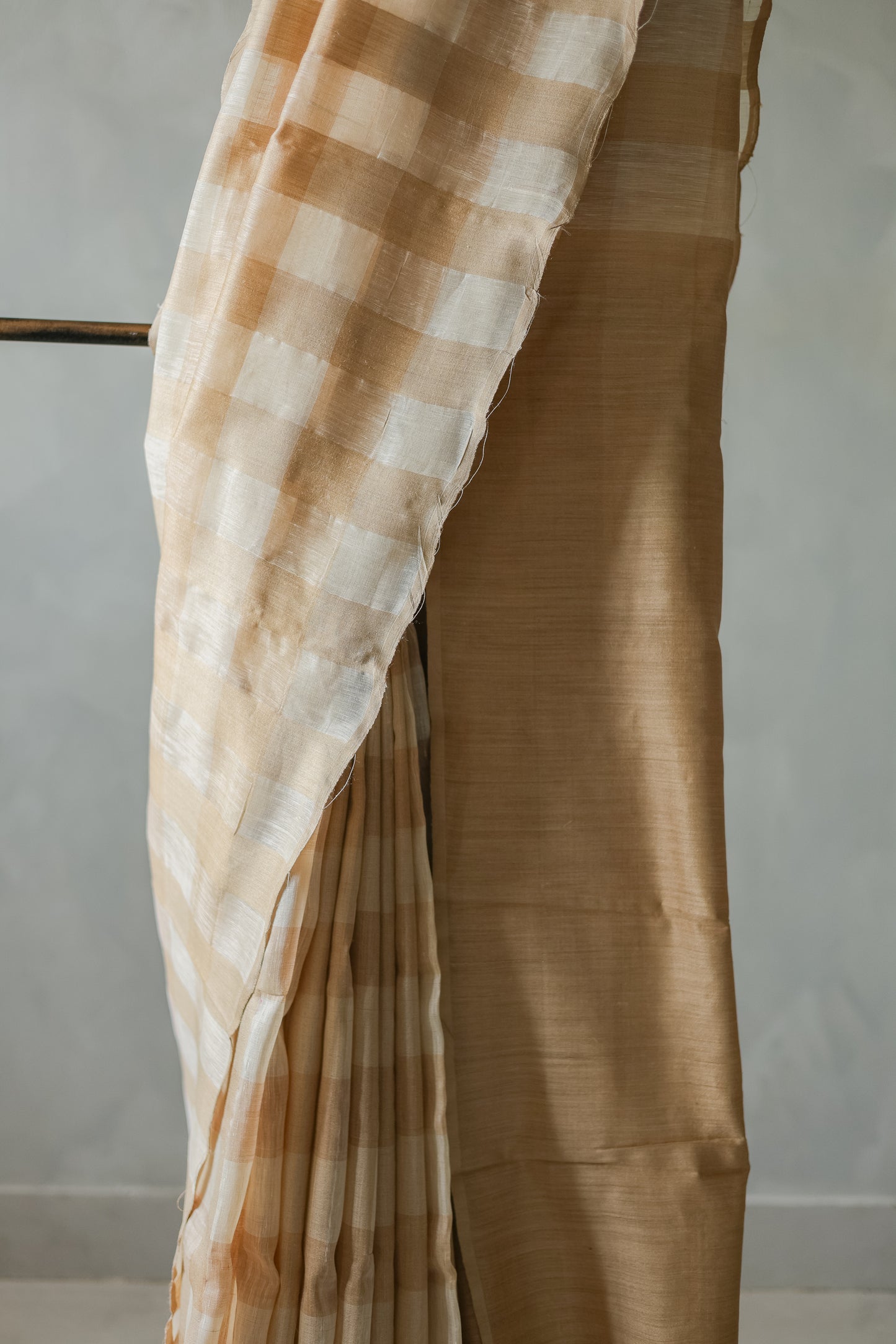 Gold and White Checked Maheshwari Silk Cotton Saree