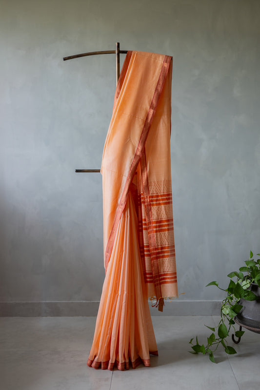 Peach Maheswari Silk Plain Body Stripped Border Saree