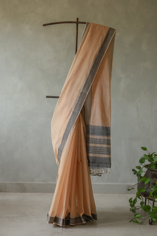 Light Brown Mangalagiri Cotton with Black Border Saree