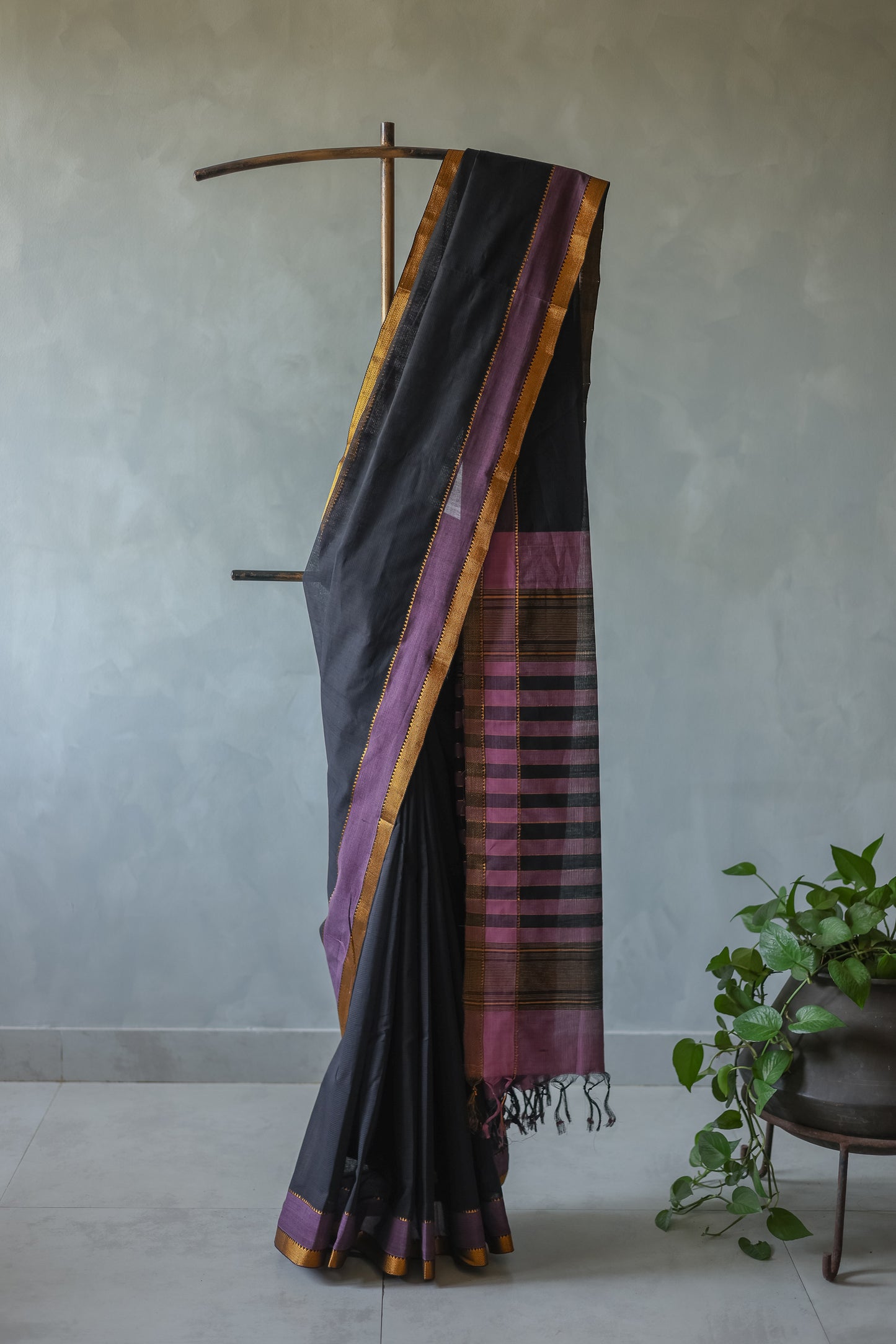 Black with Purple Border Striped Pallu Mangalagiri Cotton Saree