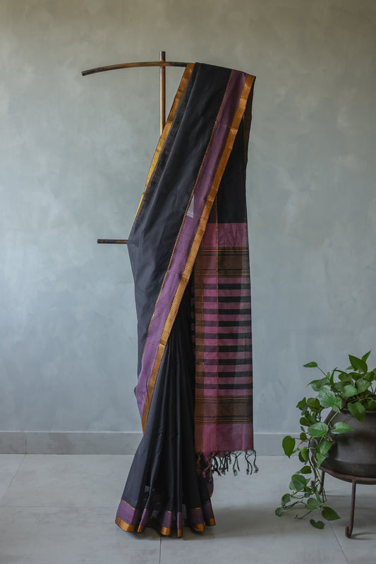 Black with Purple Border Striped Pallu Mangalagiri Cotton Saree