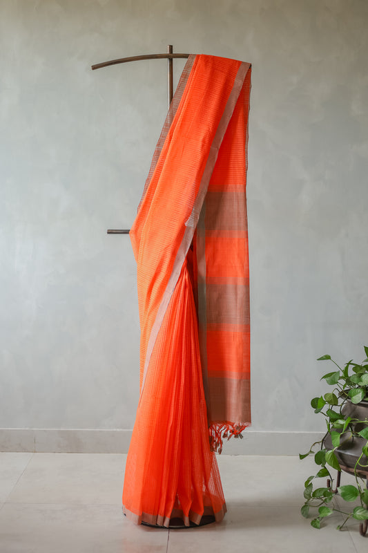 Orange and Grey Striped Pallu  Mangalagiri Cotton Saree