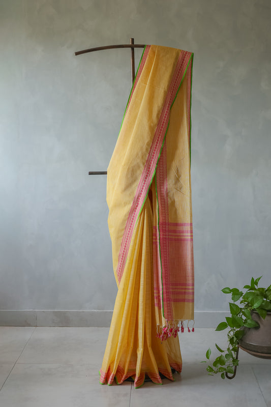 Yellow with Pink Border Mangalagiri Cotton Saree