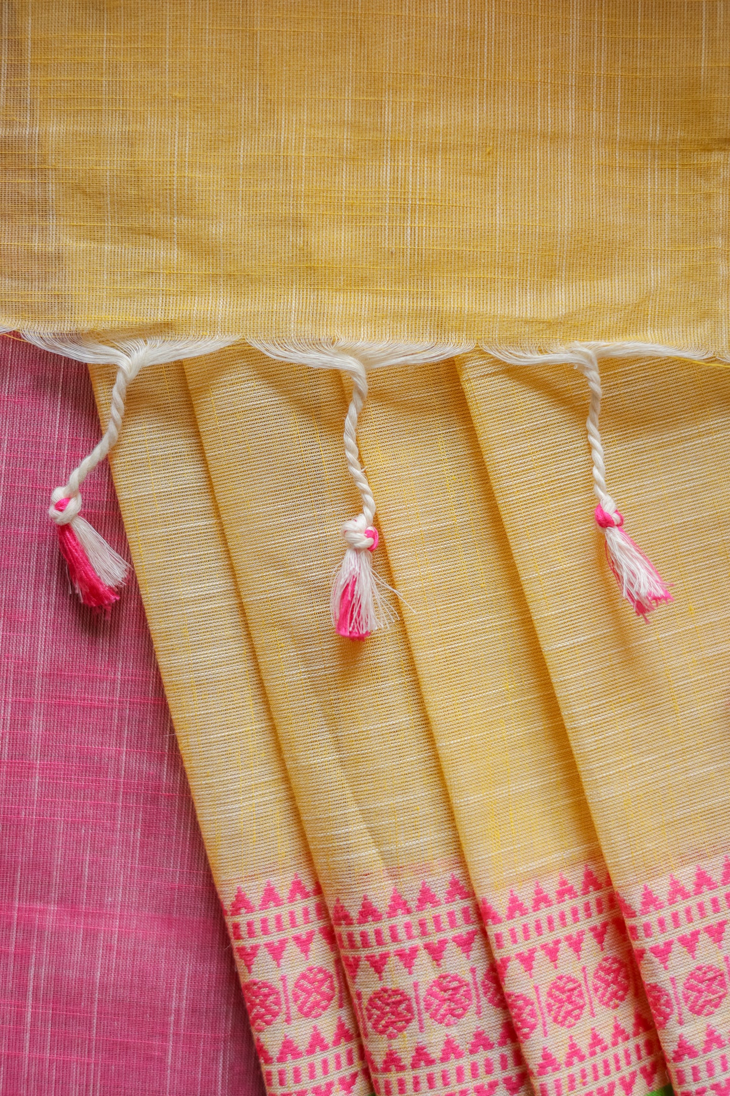 Yellow with Pink Border Mangalagiri Cotton Saree