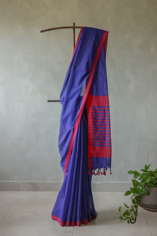 Navy Blue and Red Border Mangalagiri Cotton Saree