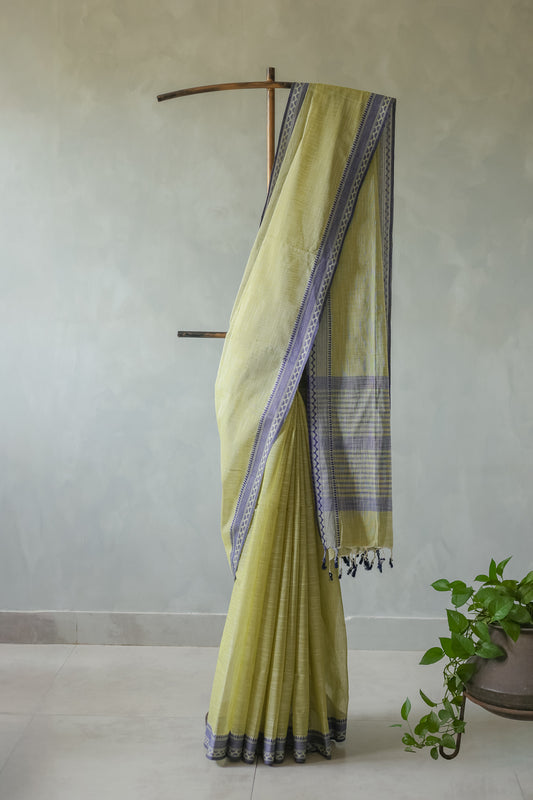 Yellow and Blue Border Mangalagiri Cotton Saree
