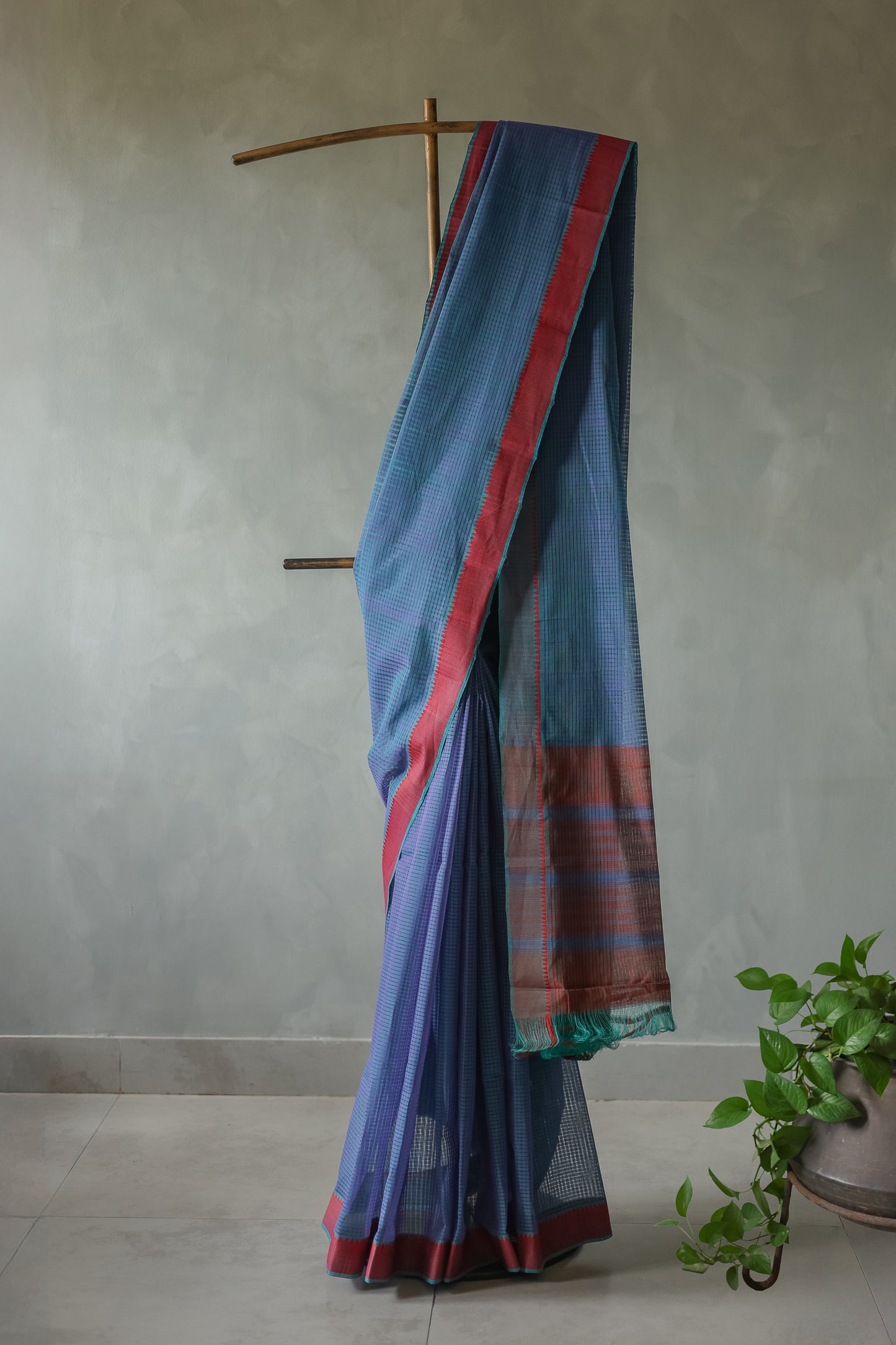 Blue and Red Border Mangalagiri Cotton Saree