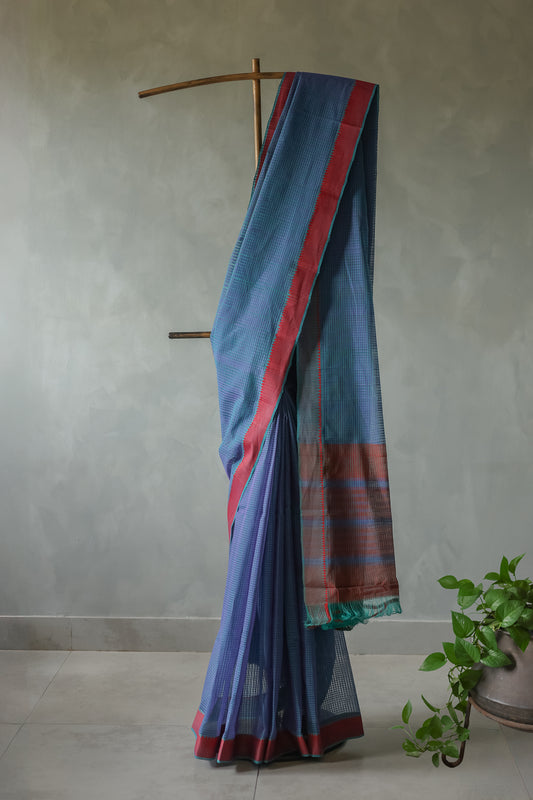 Blue and Red Border Mangalagiri Cotton Saree