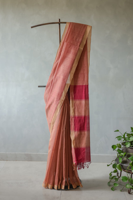Light Brown and Maroon Striped Pallu  Mangalagiri Cotton Saree