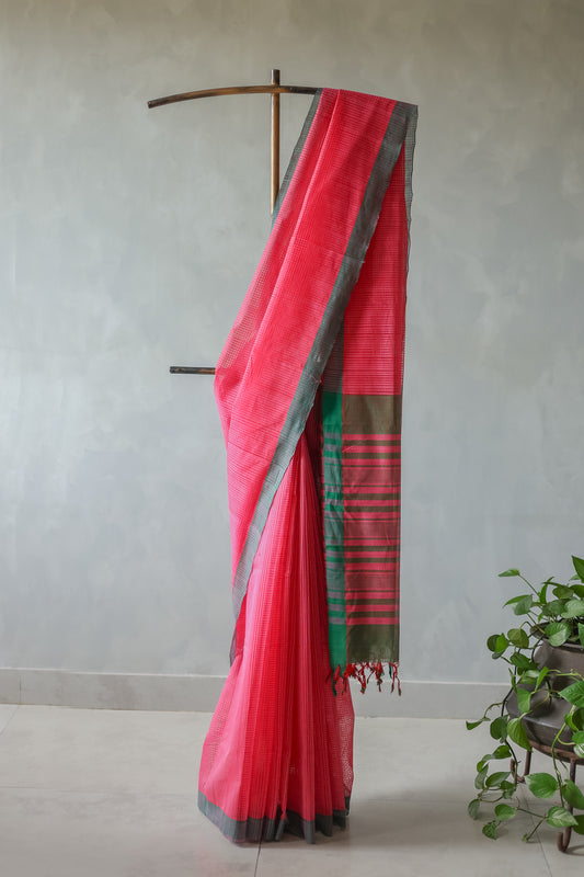Pink and Green Striped Pallu  Mangalagiri Cotton Saree