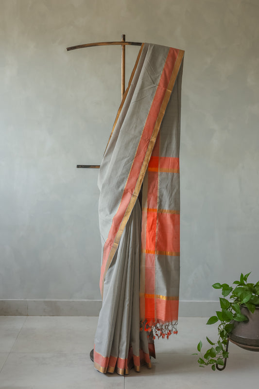 Light Grey with Multi Colour Border Mangalagiri Cotton Saree