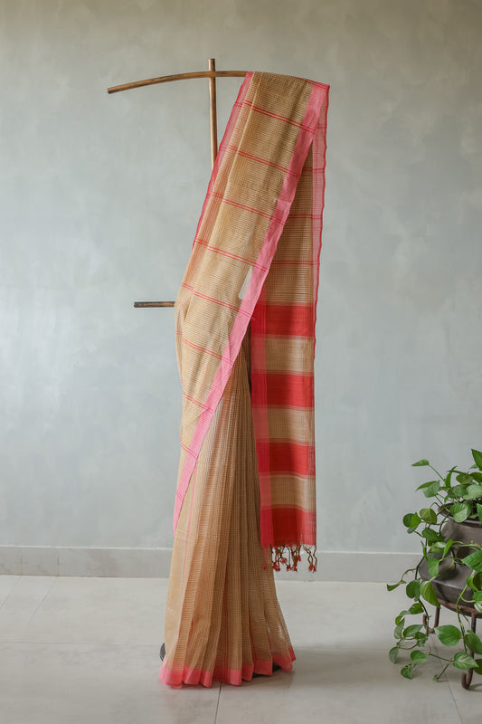 Light Brown and Pink Striped Pallu Mangalagiri Cotton Saree