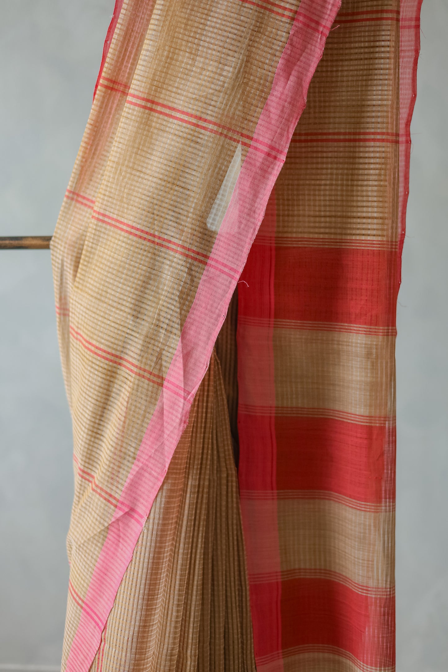 Light Brown and Pink Striped Pallu Mangalagiri Cotton Saree