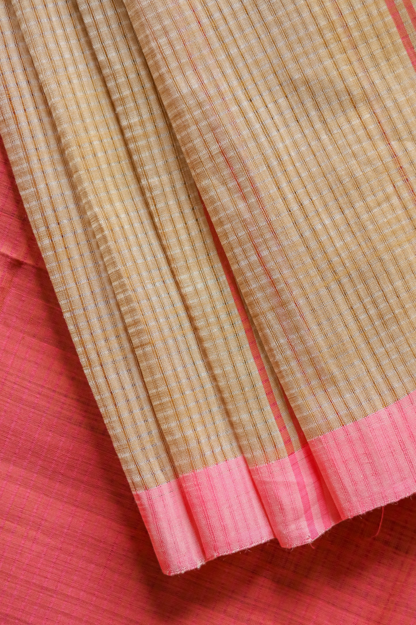 Light Brown and Pink Striped Pallu Mangalagiri Cotton Saree