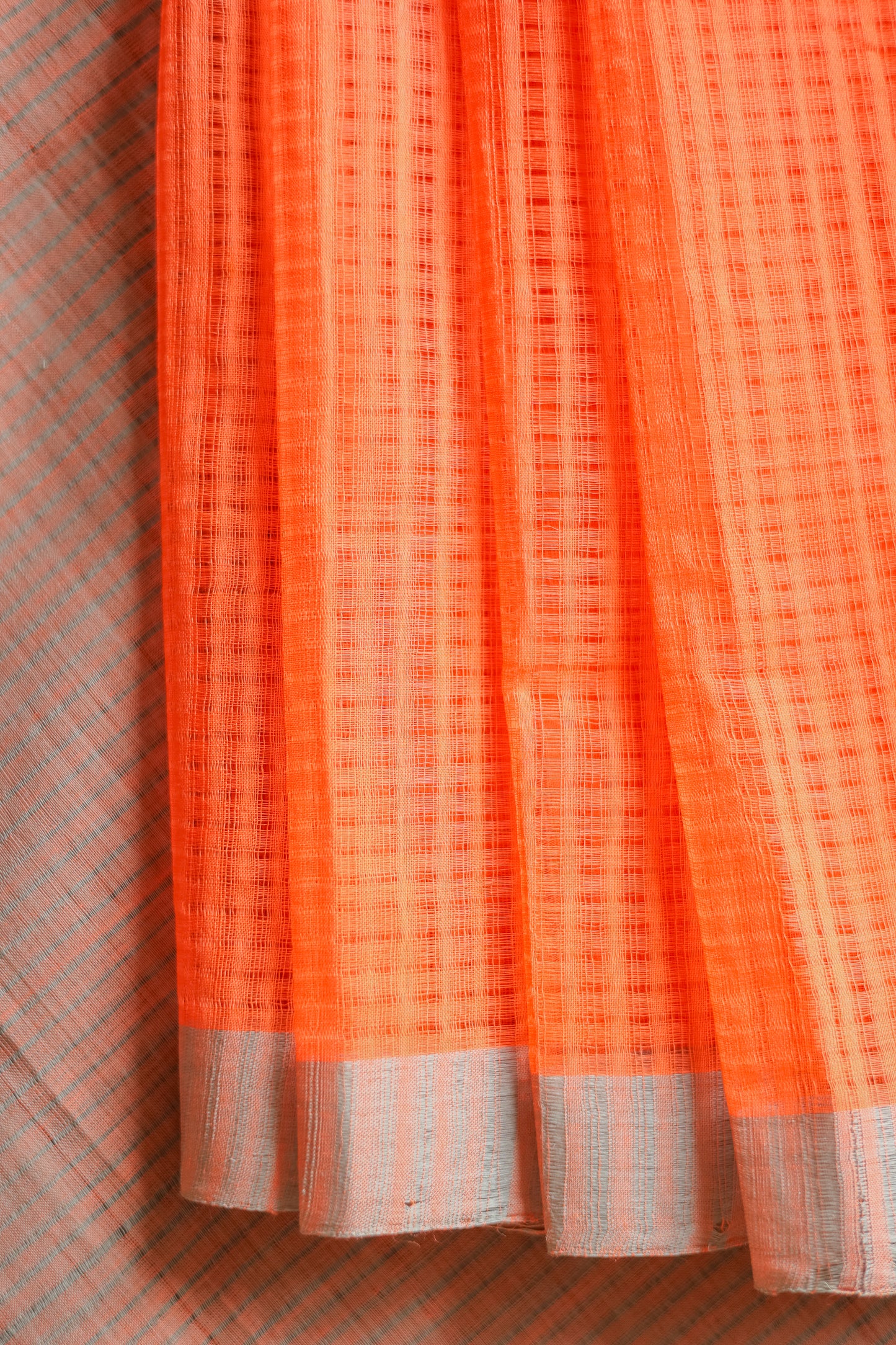 Orange and Grey Striped Pallu  Mangalagiri Cotton Saree