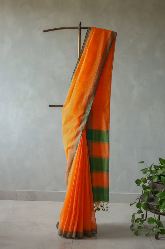 Orange and Green Striped Pallu  Mangalagiri Cotton Saree