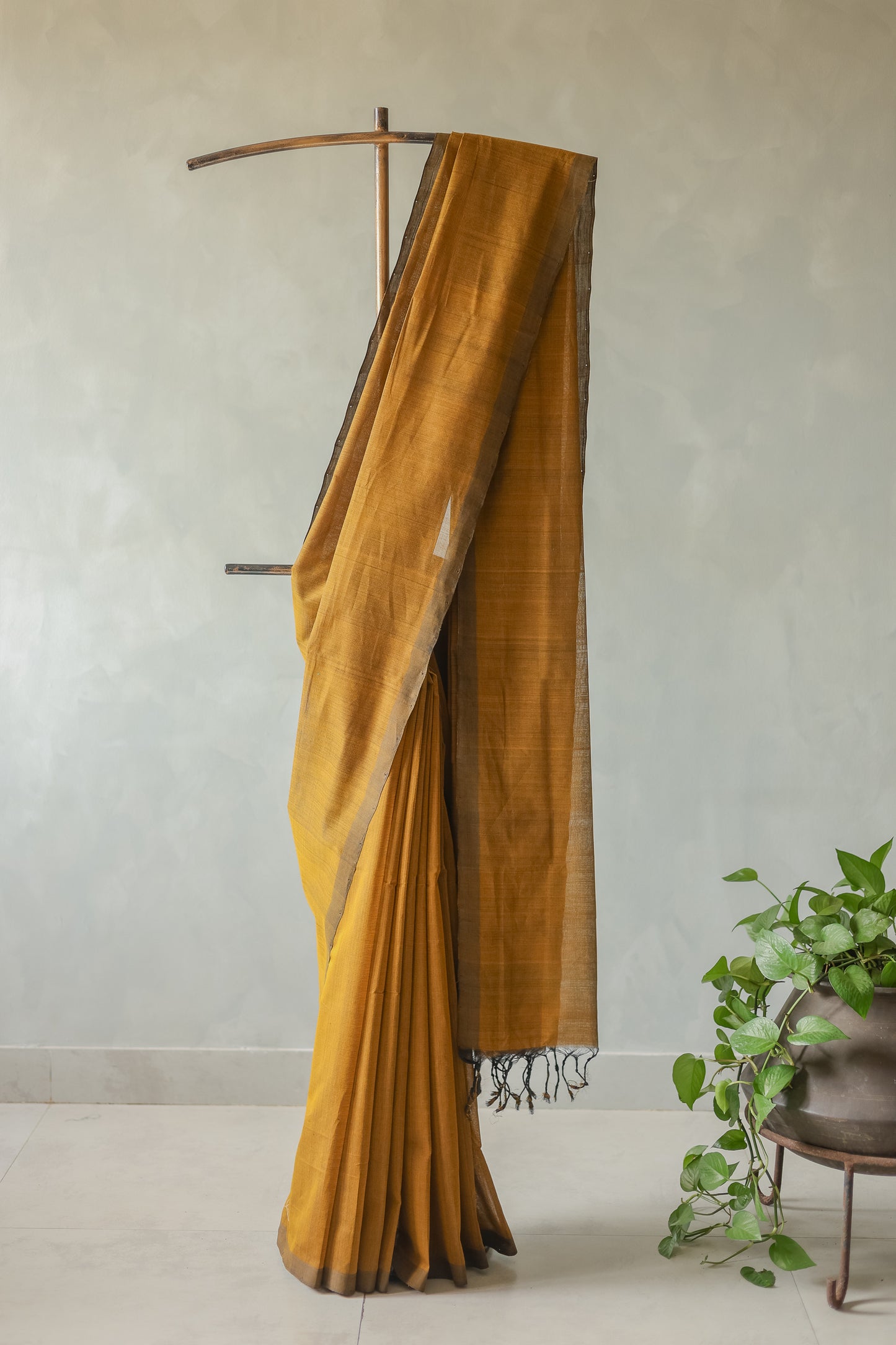 Mustard and Brown Border Plain Mangalagiri Cotton Saree