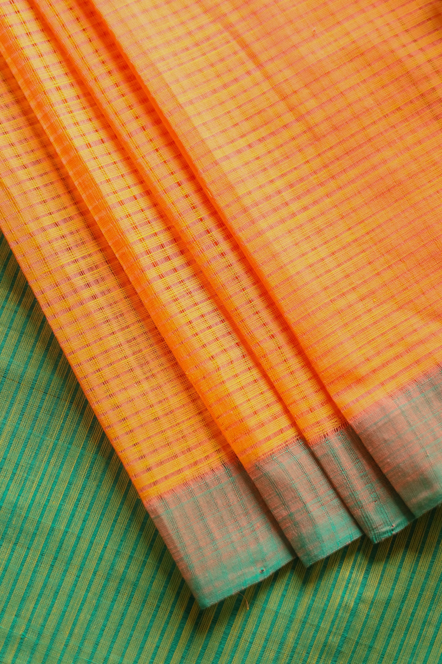 Orange and Green Striped Pallu  Mangalagiri Cotton Saree