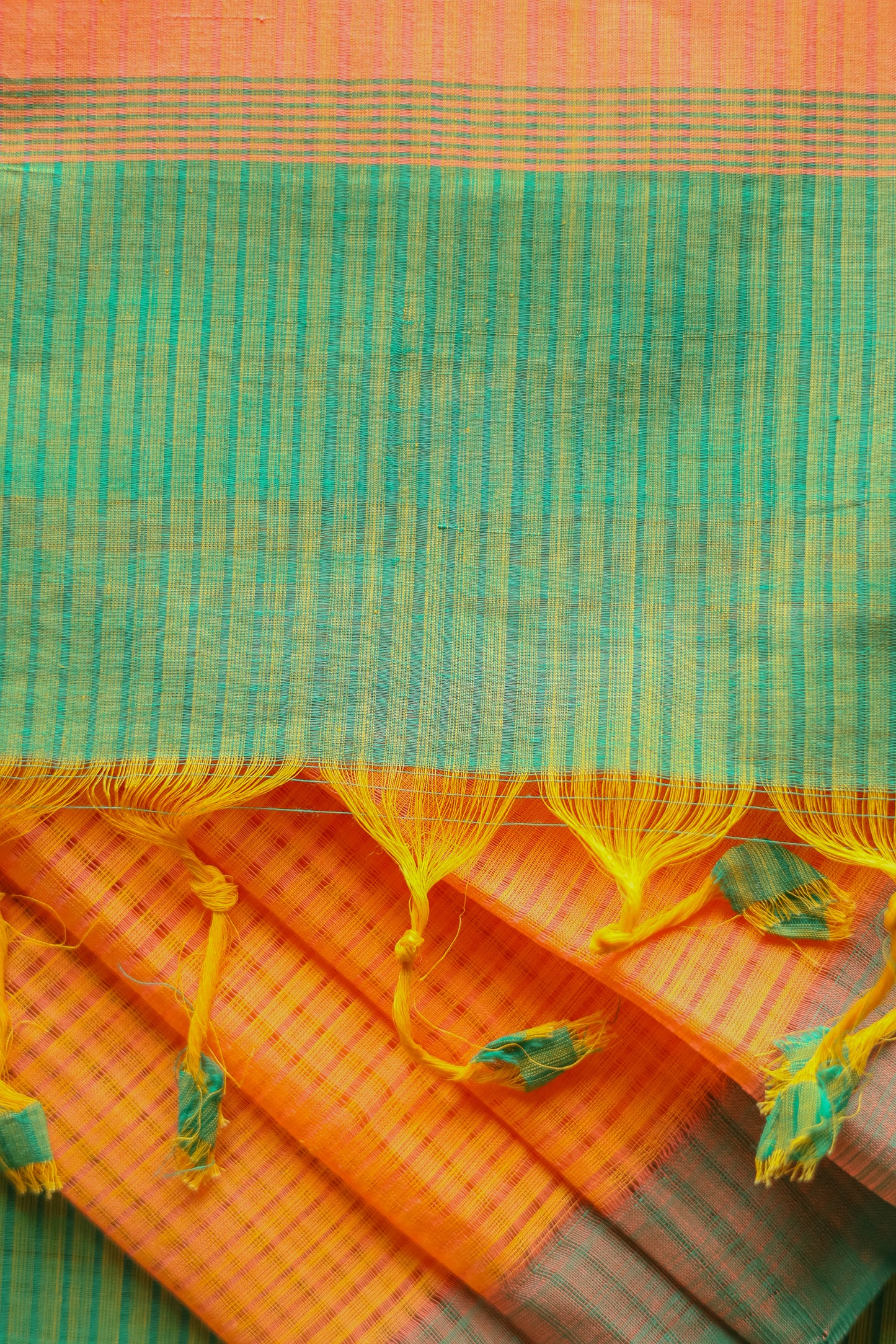Orange and Green Striped Pallu  Mangalagiri Cotton Saree
