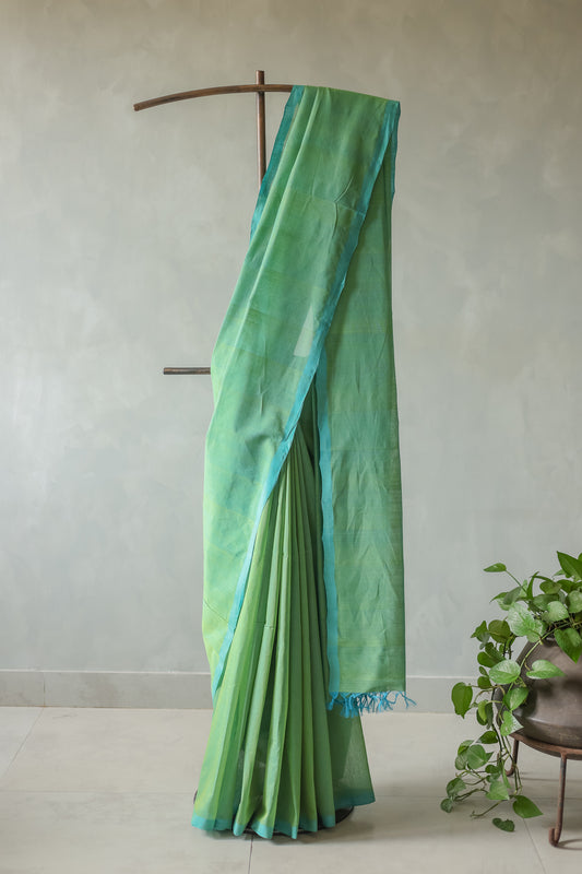 Green with Blue Border Plain Pallu Mangalagiri Cotton Saree