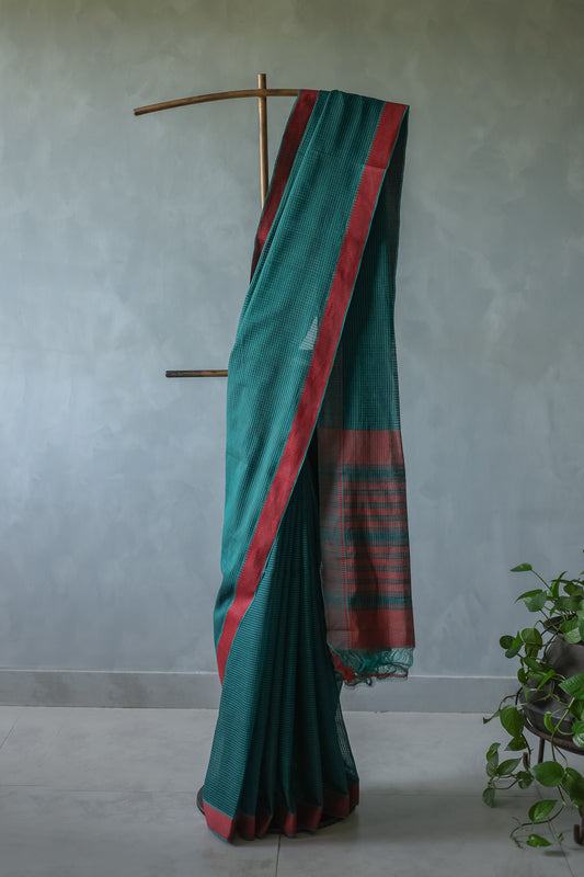 Green with Red Border Striped Pallu Mangalagiri Cotton Saree