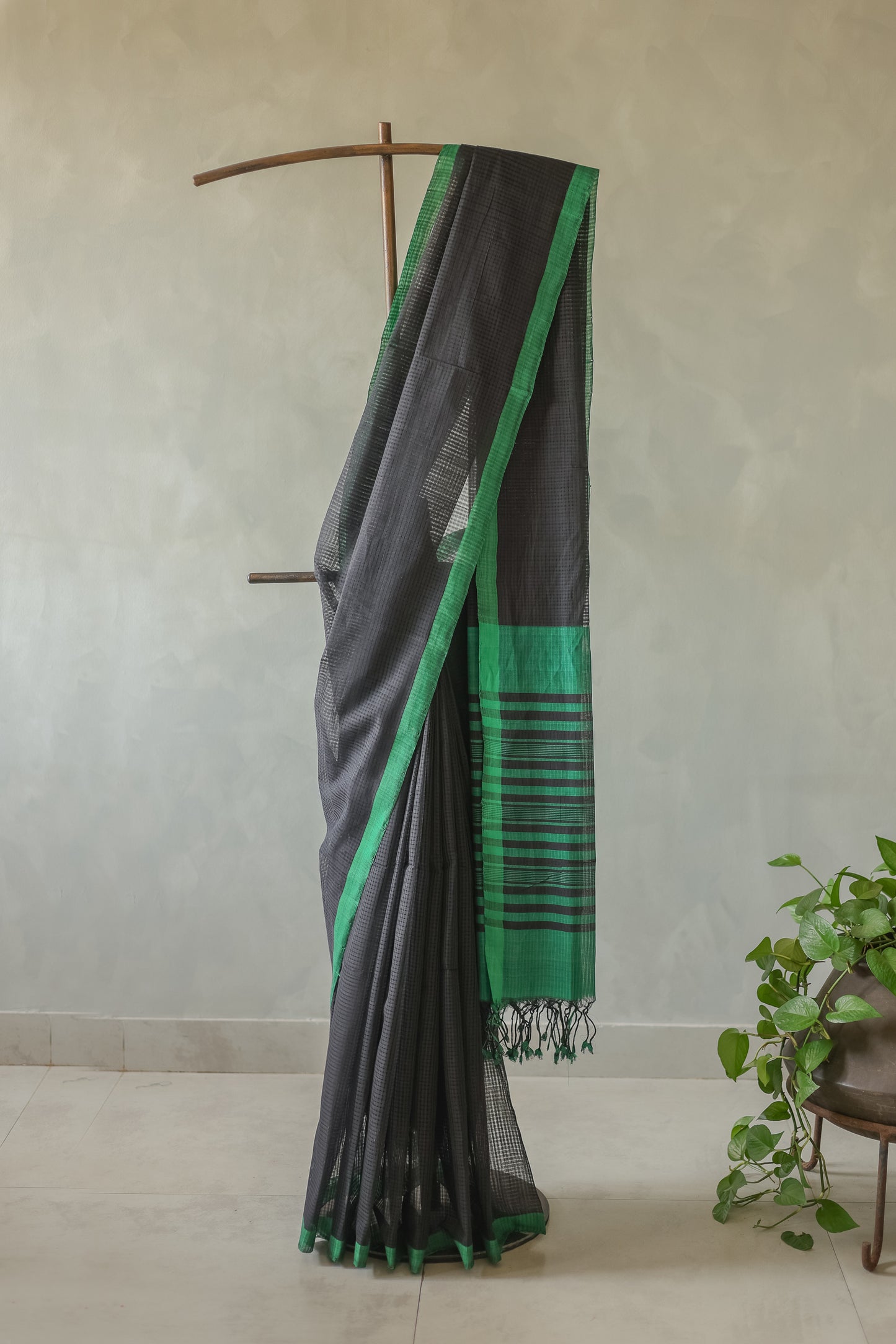 Black with Green Border Striped Pallu Mangalagiri Cotton Saree