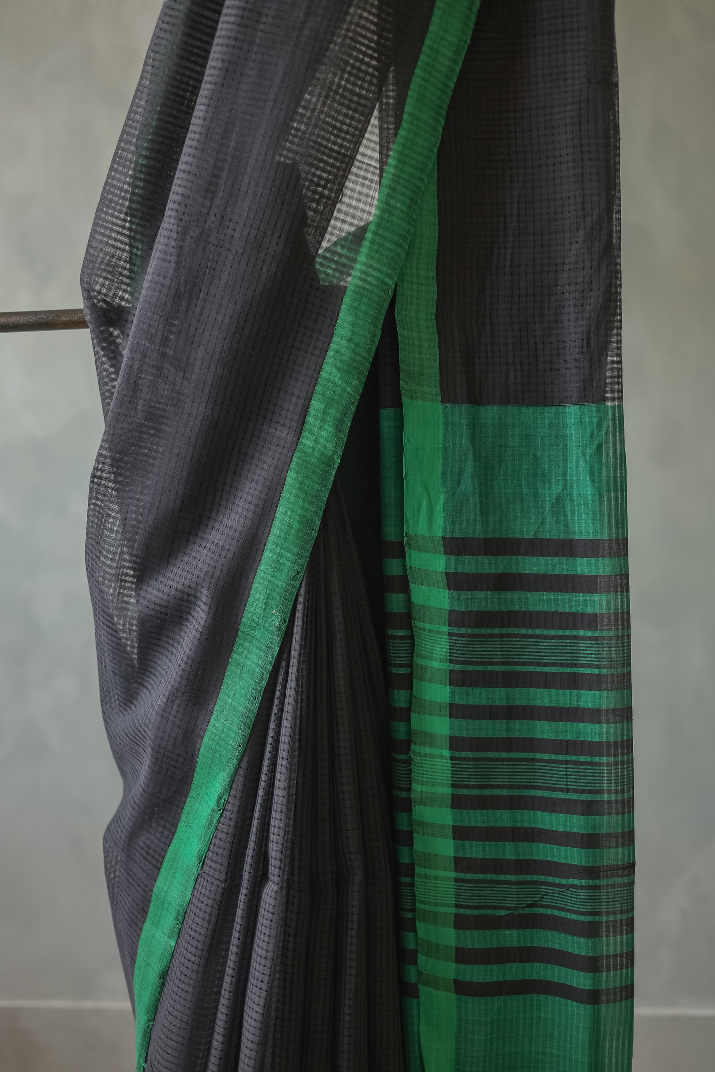 Black with Green Border Striped Pallu Mangalagiri Cotton Saree