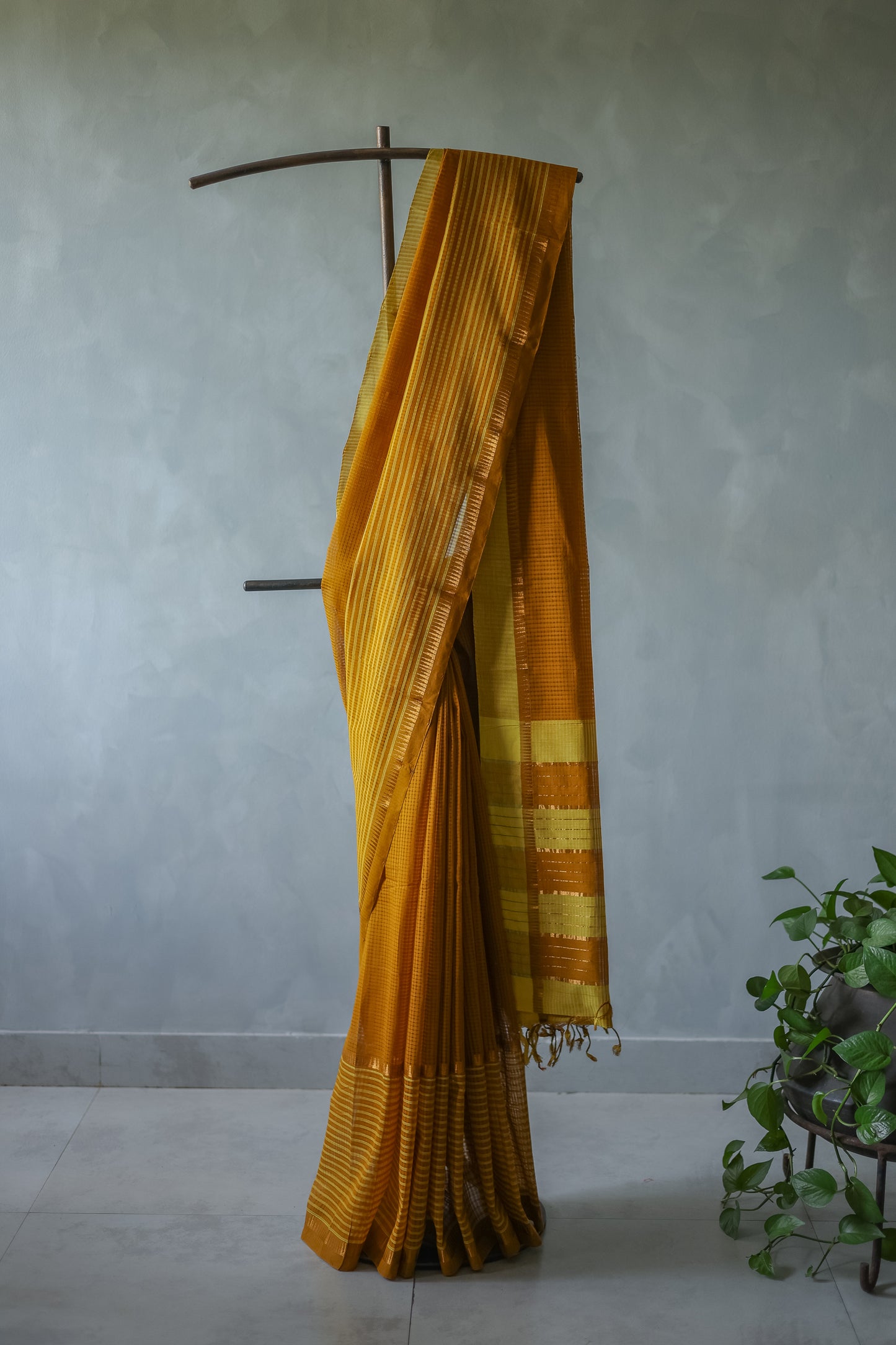 Mustard and Yellow Striped Pallu with Big Border Mangalagiri Cotton Saree