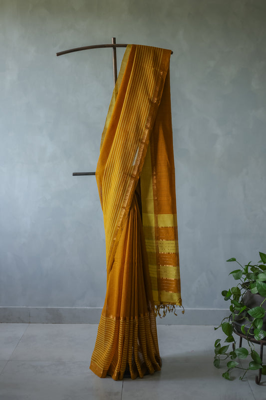 Mustard and Yellow Striped Pallu with Big Border Mangalagiri Cotton Saree