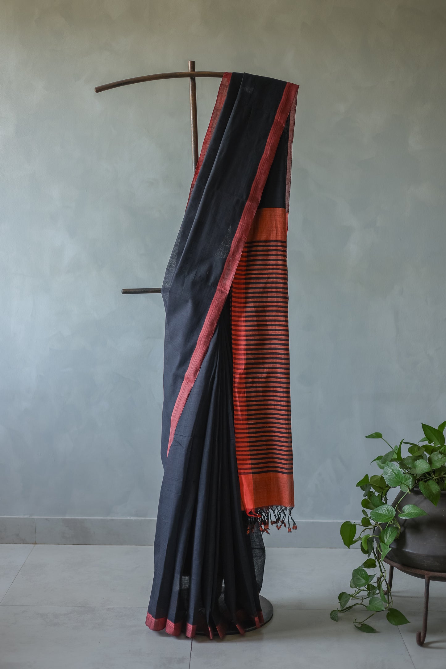 Black with Red Border Striped Pallu Mangalagiri Cotton Saree