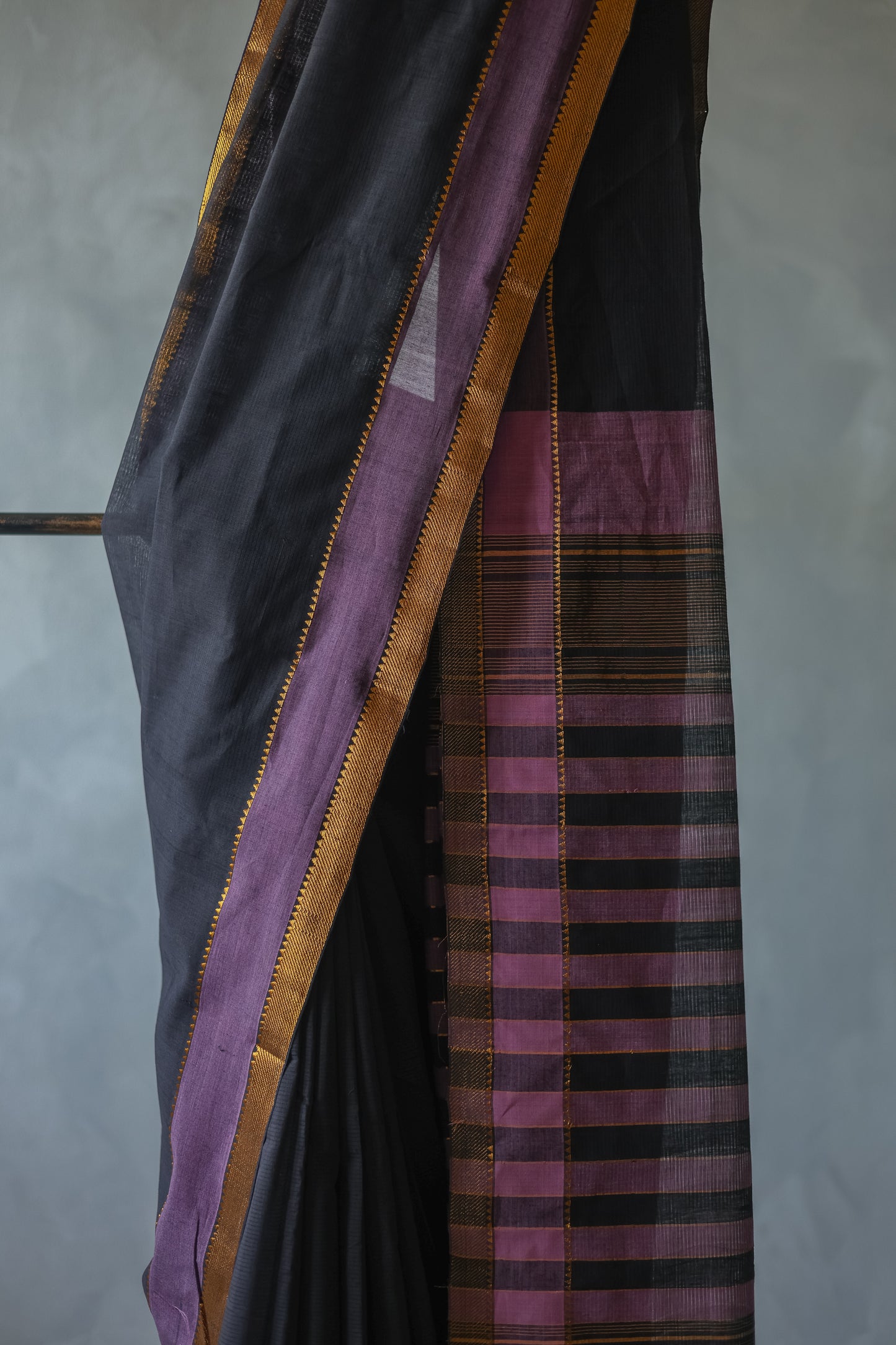 Black with Purple Border Striped Pallu Mangalagiri Cotton Saree