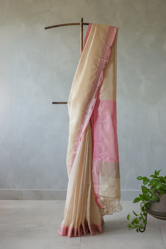 Light Brown with Pink Border Managalagiri Silk Cotton Saree