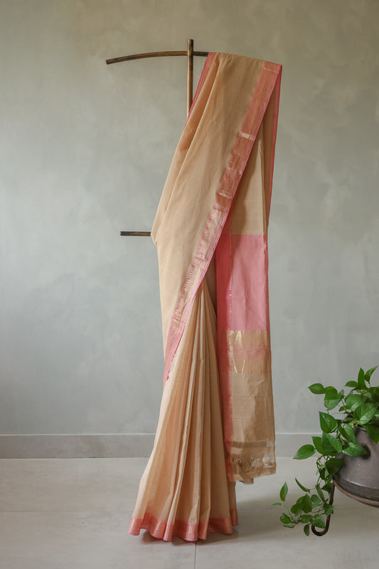 Light Brown and Pink Border Mangalagiri Cotton Saree
