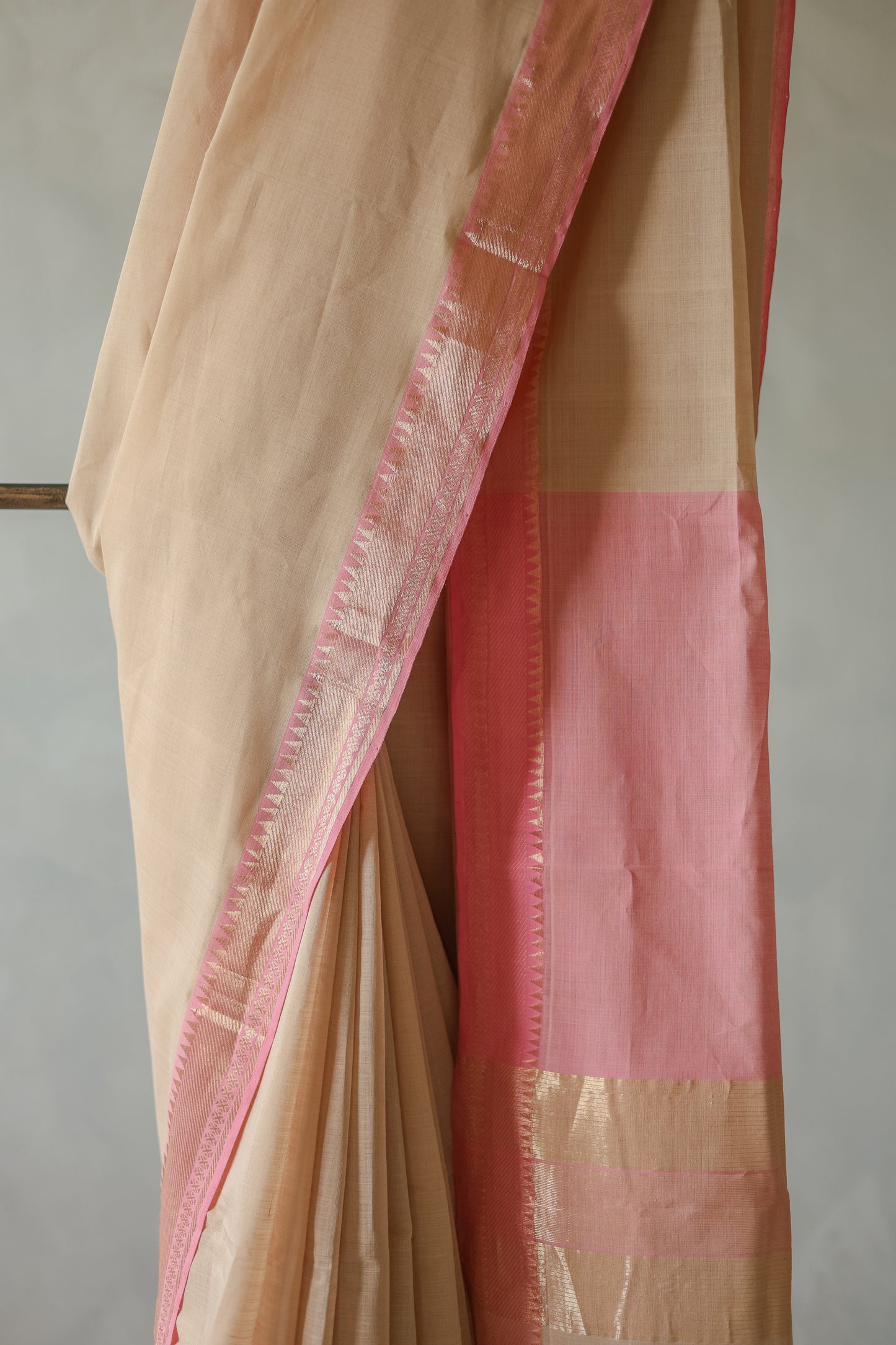Light Brown and Pink Border Mangalagiri Silk Cotton Saree