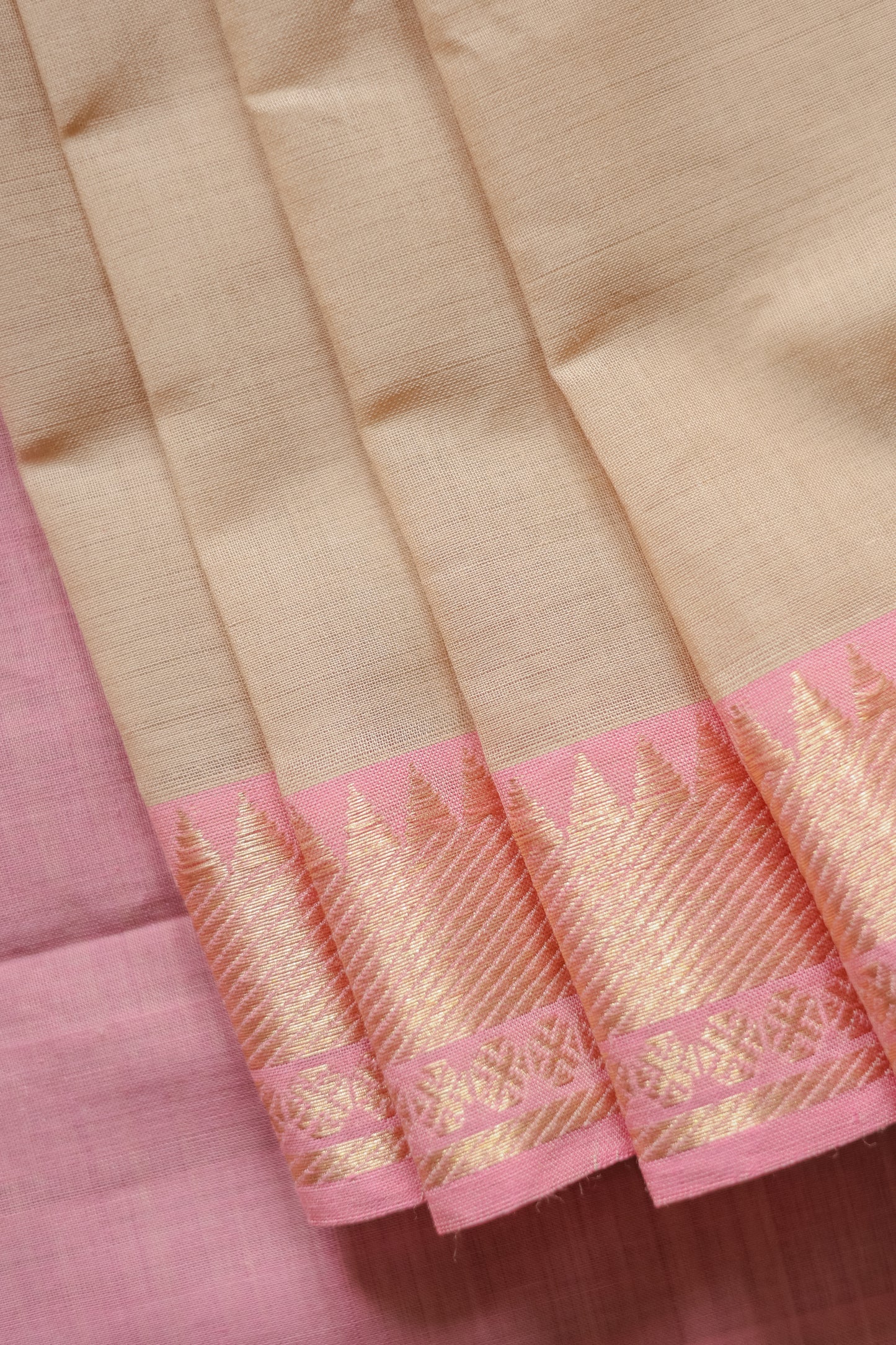 Light Brown and Pink Border Mangalagiri Silk Cotton Saree