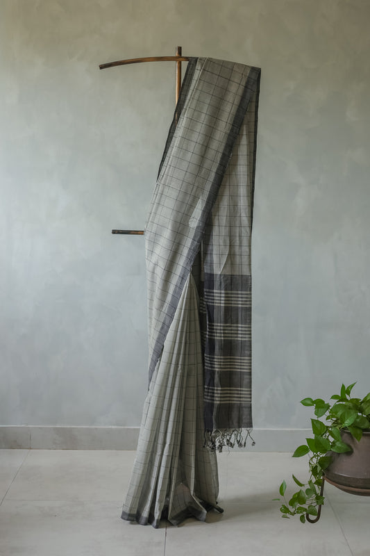 Grey and Black All Over Checks Mangalagiri Cotton Saree
