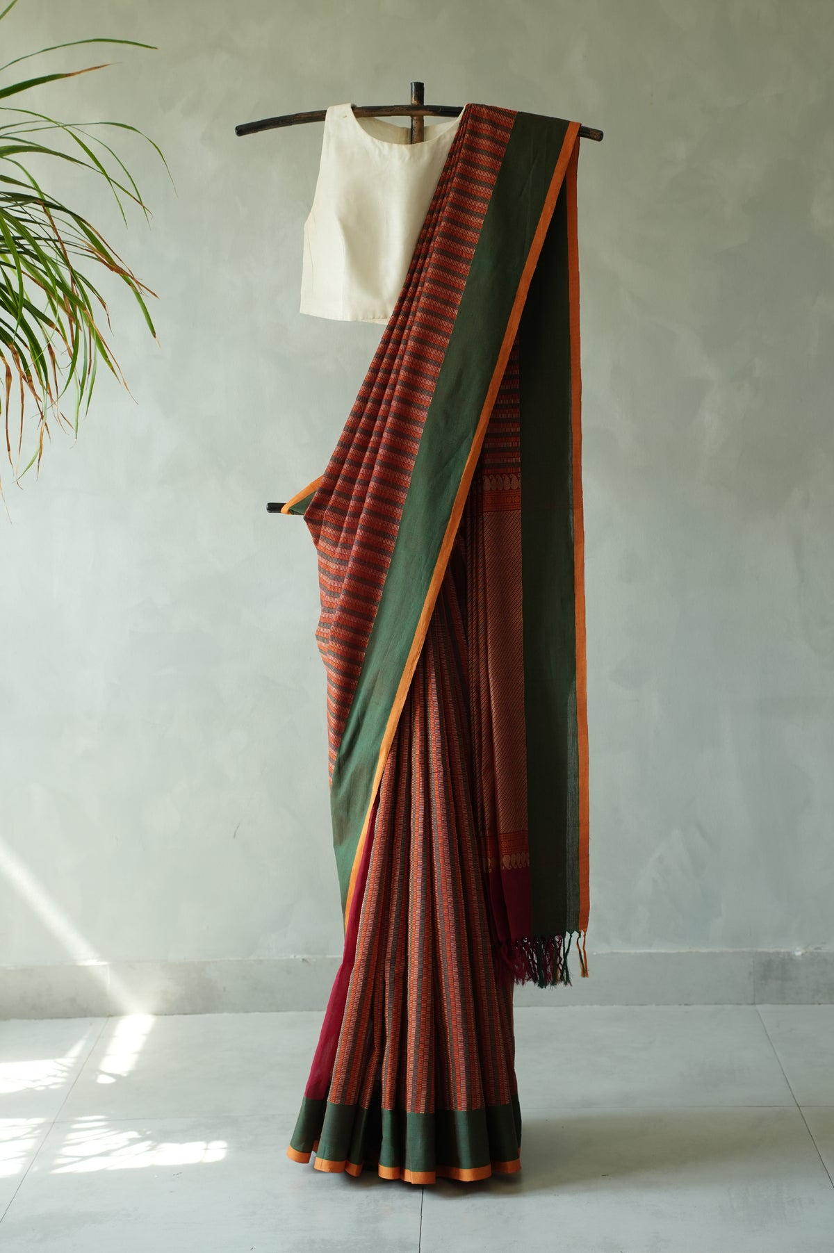 Muted Green ,Orange and Red striped Kanchi Cotton Saree