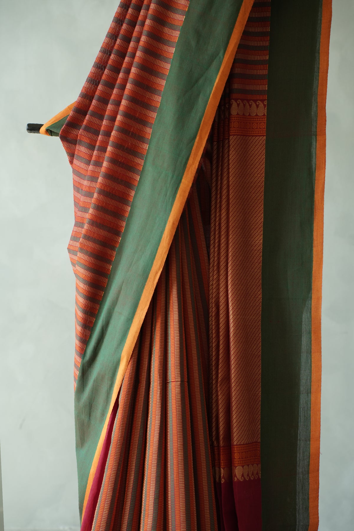 Muted Green ,Orange and Red striped Kanchi Cotton Saree