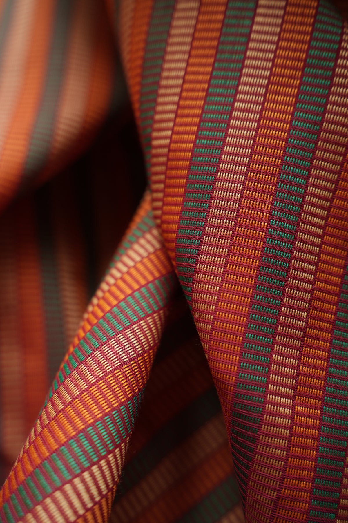 Muted Green ,Orange and Red striped Kanchi Cotton Saree