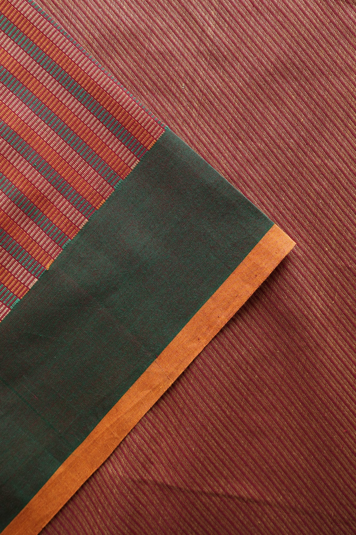 Muted Green ,Orange and Red striped Kanchi Cotton Saree