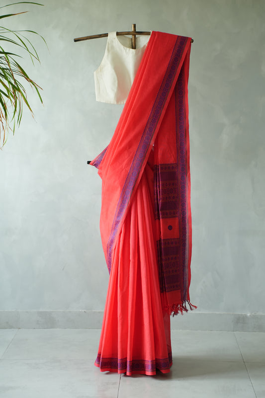 Coral Red Kanchi Cotton with Plum and Magenta Border Border