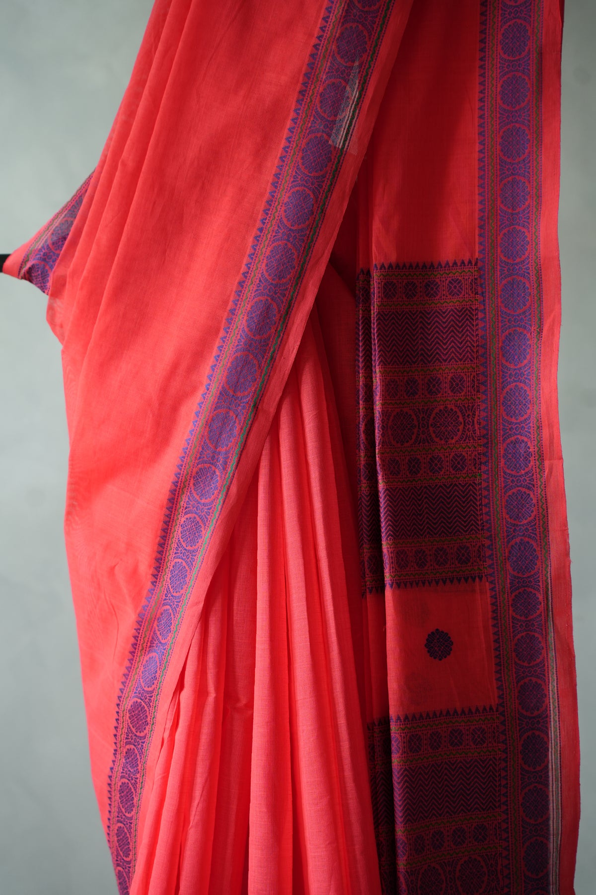 Coral Red Kanchi Cotton with Plum and Magenta Border Border