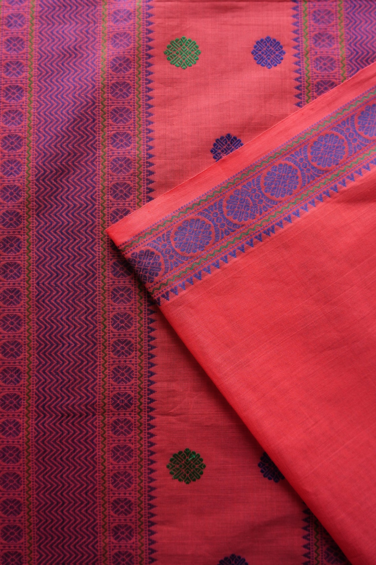 Coral Red Kanchi Cotton with Plum and Magenta Border Border